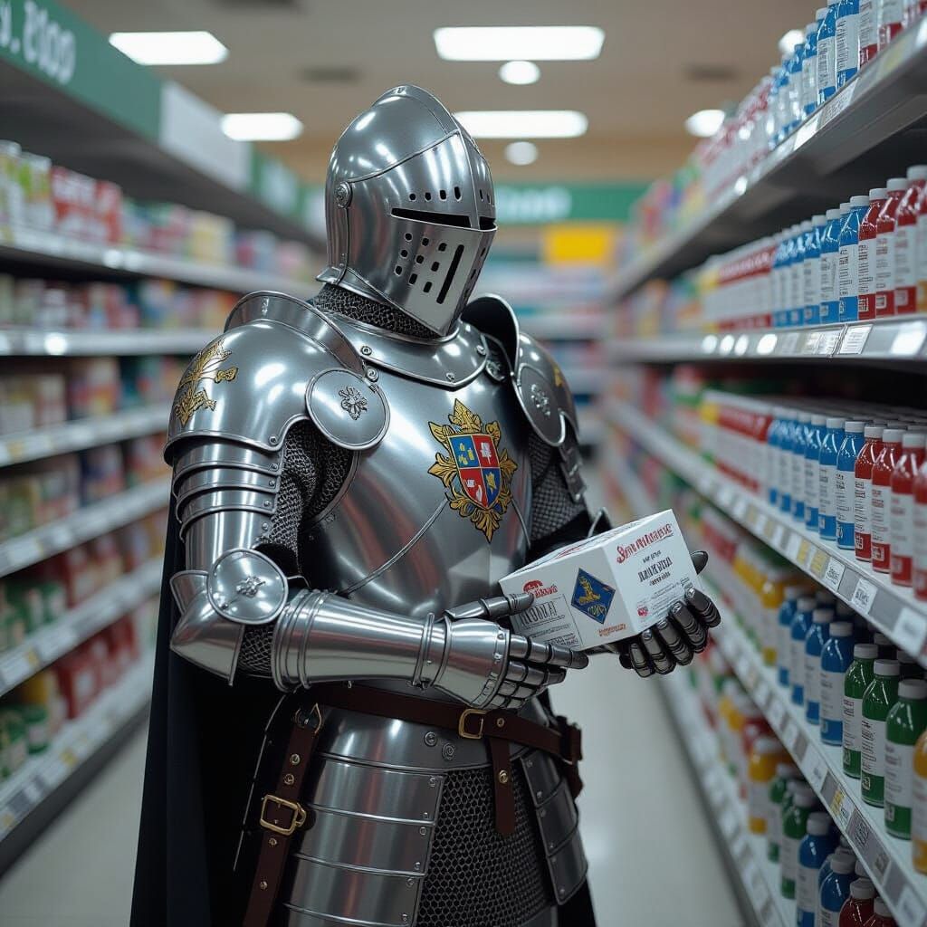 A knight, clad in gleaming armor, trying to buy milk in a su...