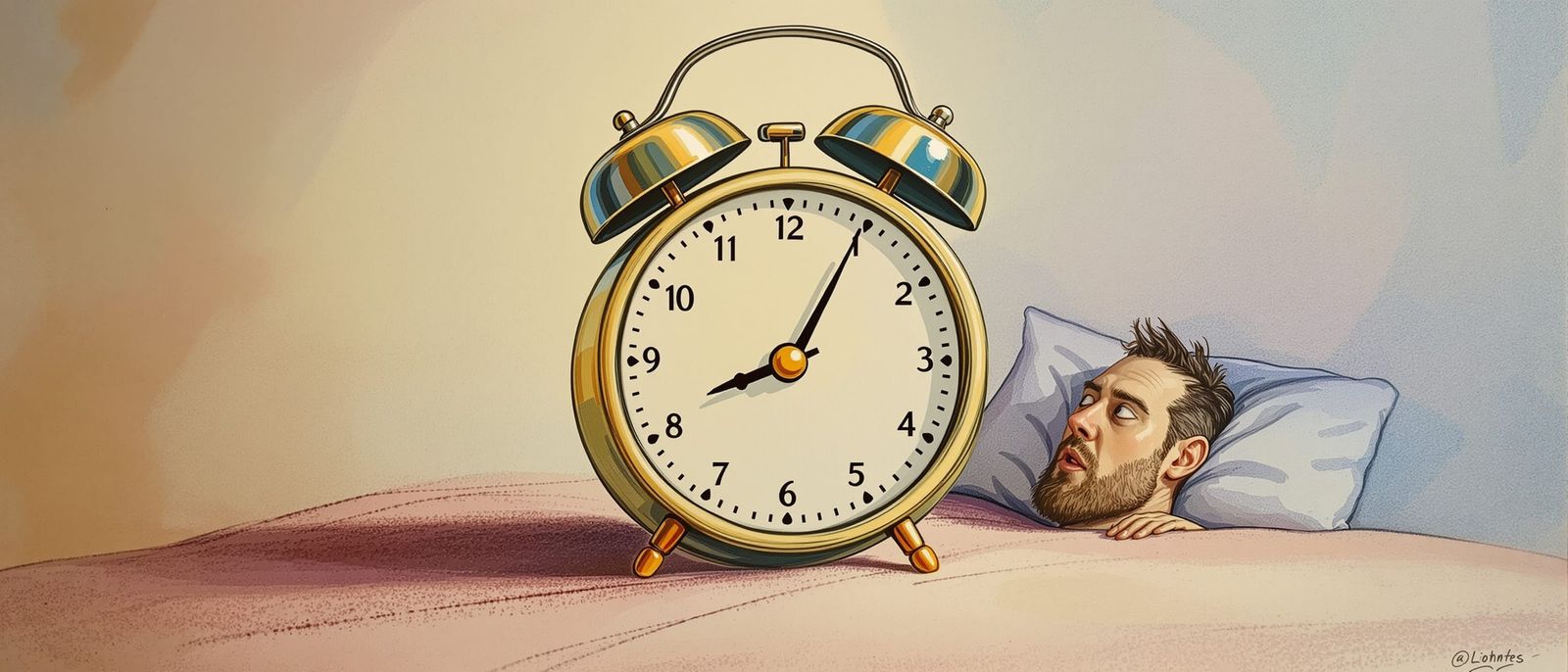 Alarm Clock Battles Lazy Bum in Comical Wax Pencil Art