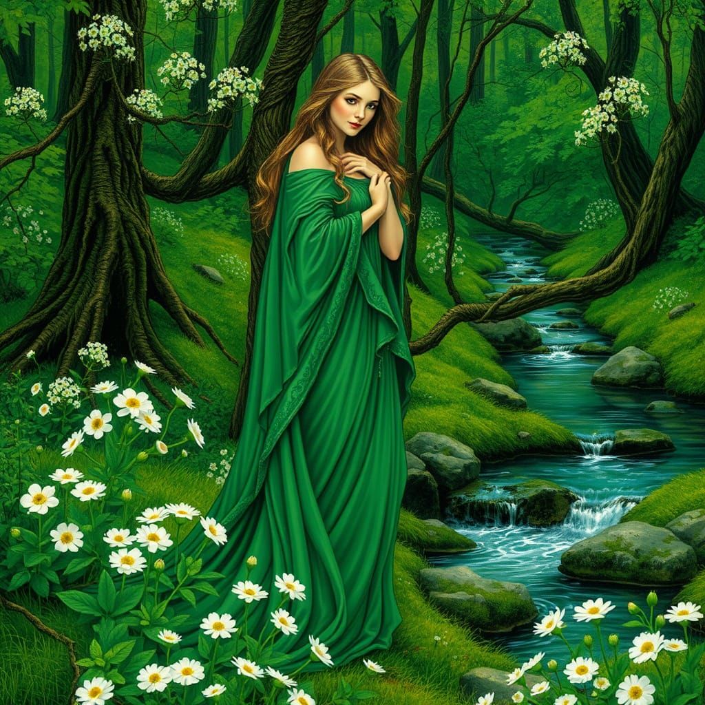 Forest Goddess in Emerald Gown, Art Nouveau Style