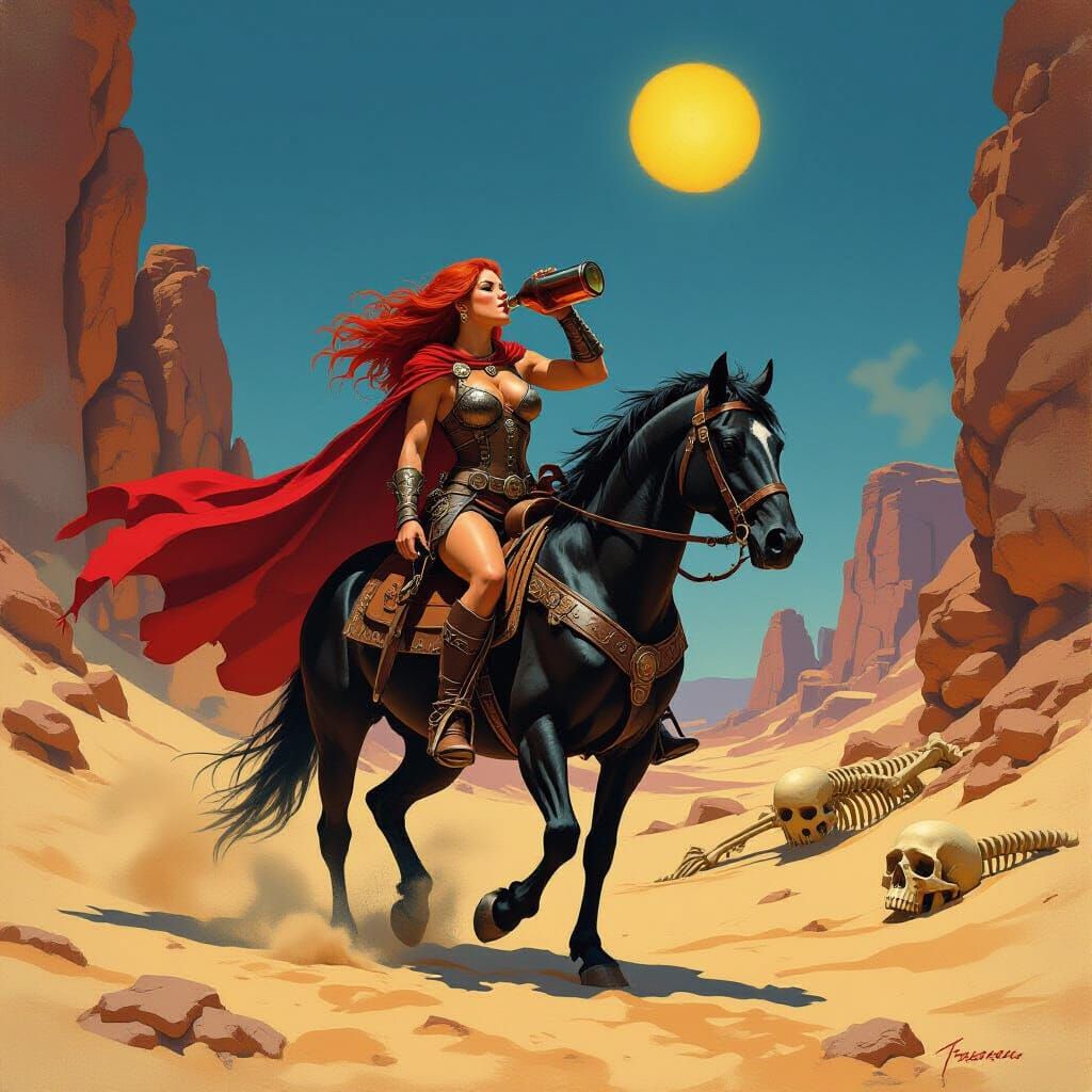 Redheaded Barbarian Woman Rides Horse in Desert Pass