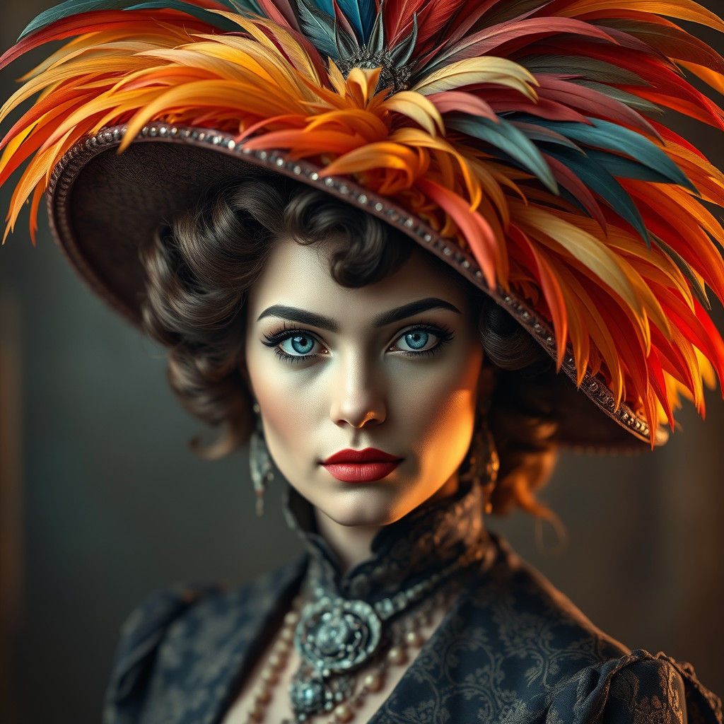 Victorian Woman with Feather Hat in Hyper-Realism