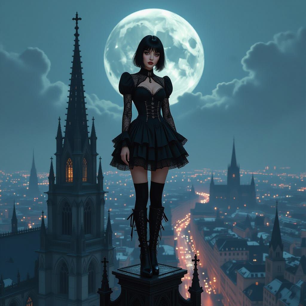 Gothic Woman on Cathedral Spire in Glitch Art Style