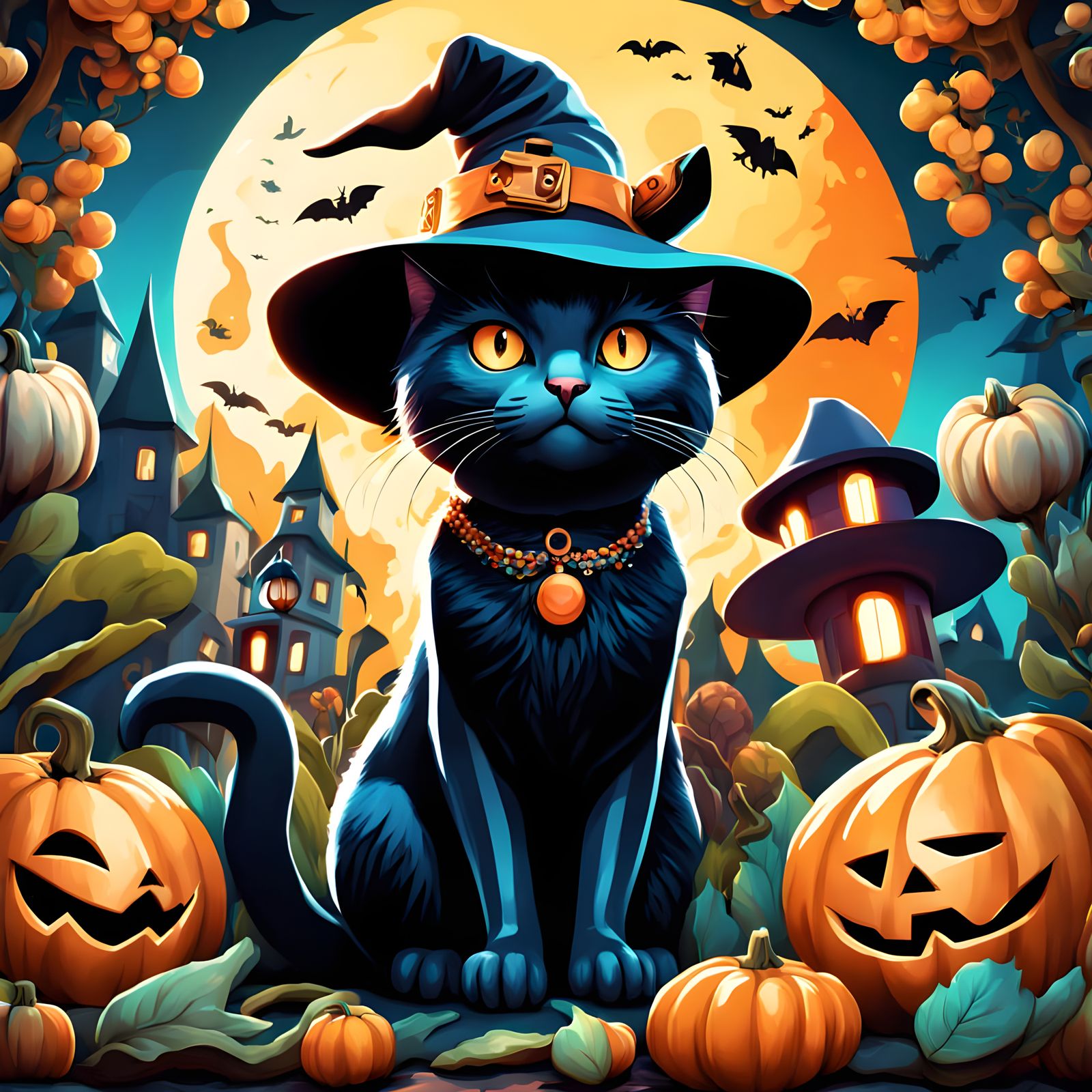 Cute Cat Witch with Kitten in Whimsical Halloween Scene
