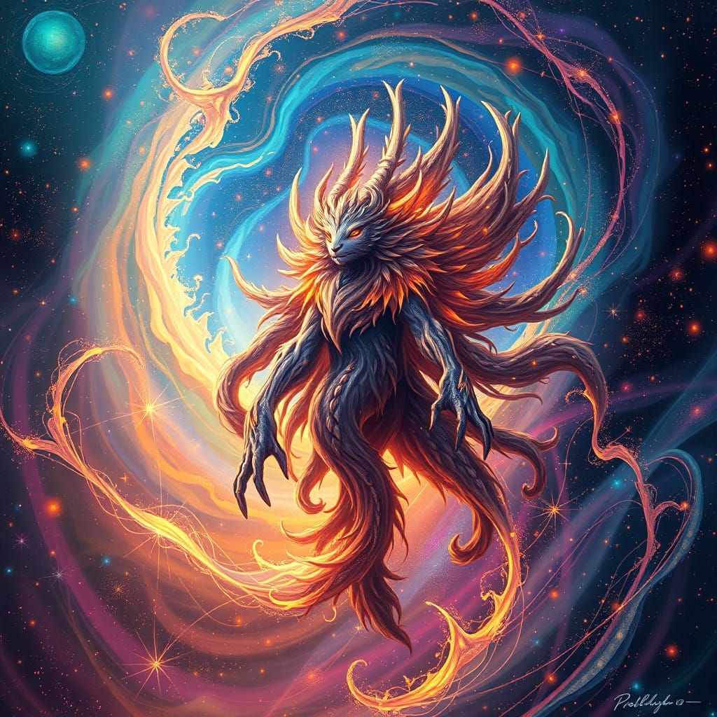 Cosmic Being Lorin Amidst Vibrant Iridescent Vortex