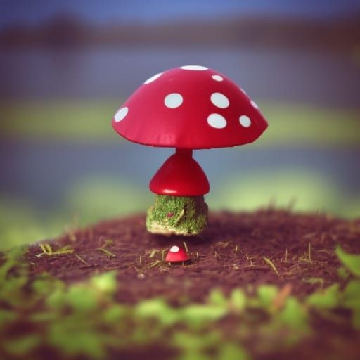 Mushroom Fairy House Overlooking Lake in Rain