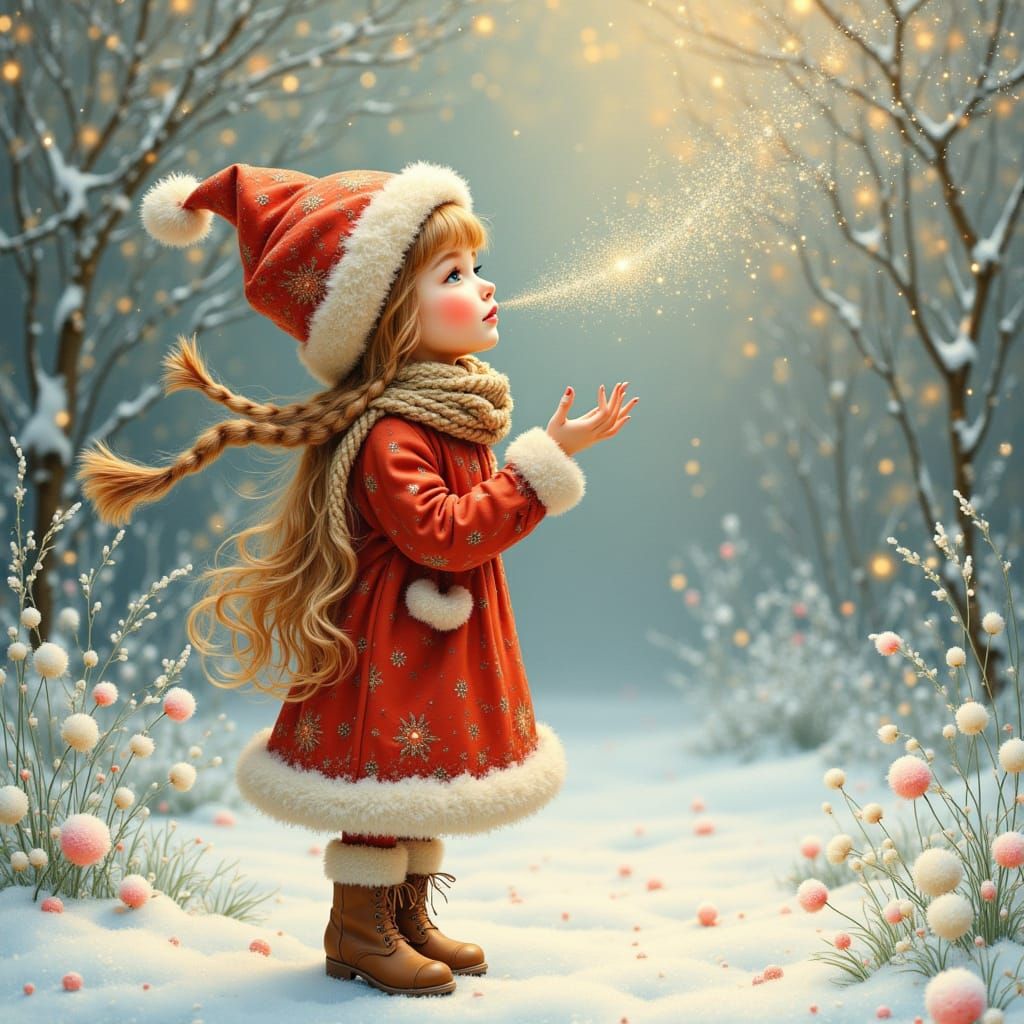Pastel Christmas Scene: Girl in Snowy Garden