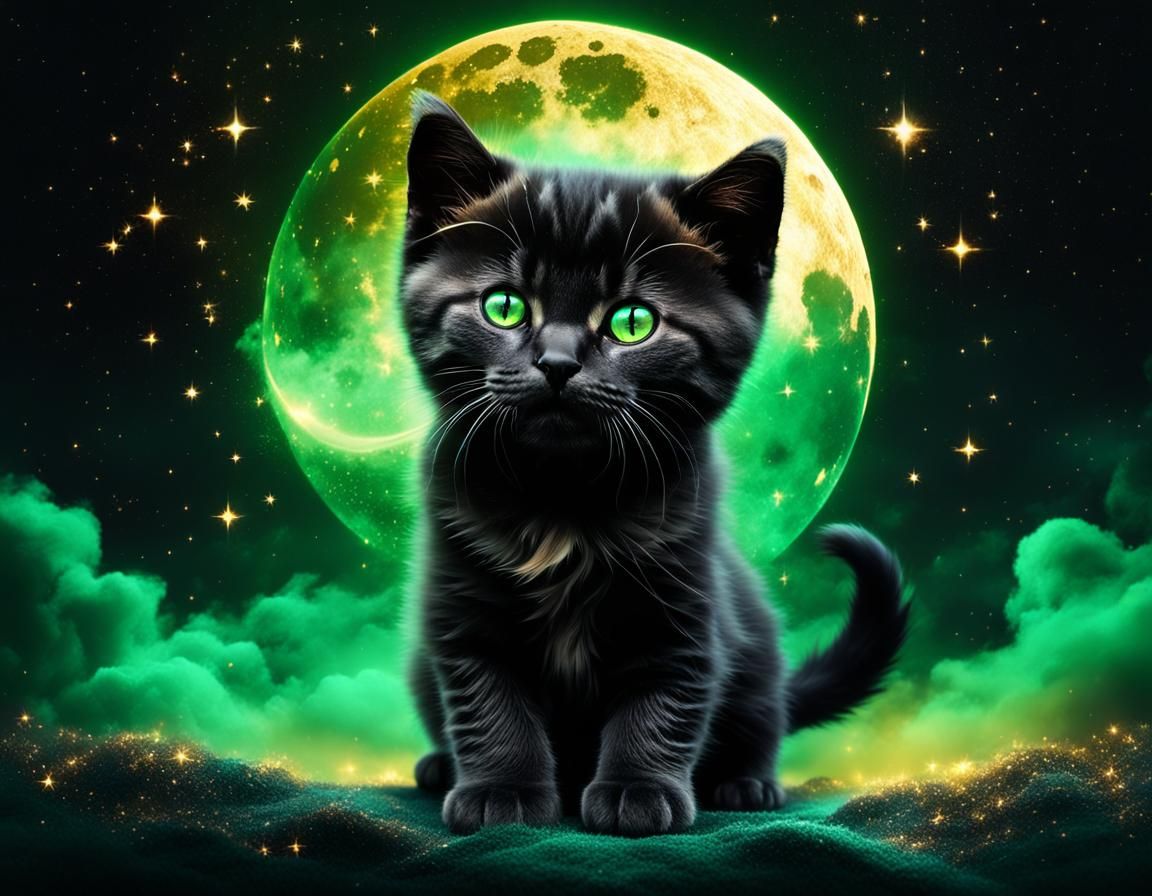 Celestial Kitten Playing in a Golden Astronomical World
