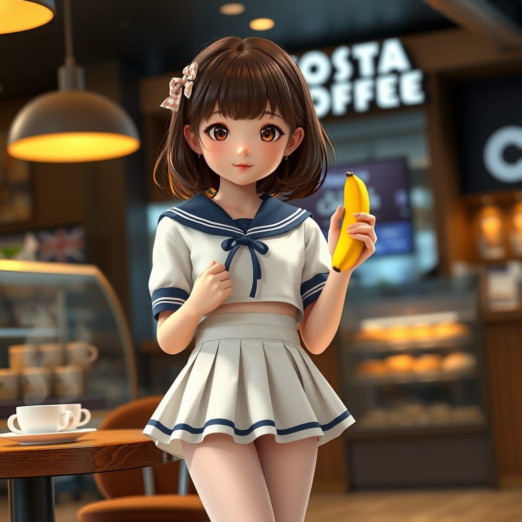 Korean Girl in Sailor Style Holding a Banana in a Costa Coff...