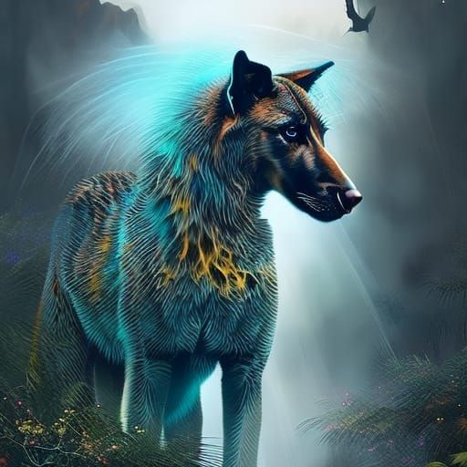 Ornate Furry Dog Portrait in Vibrant Colors