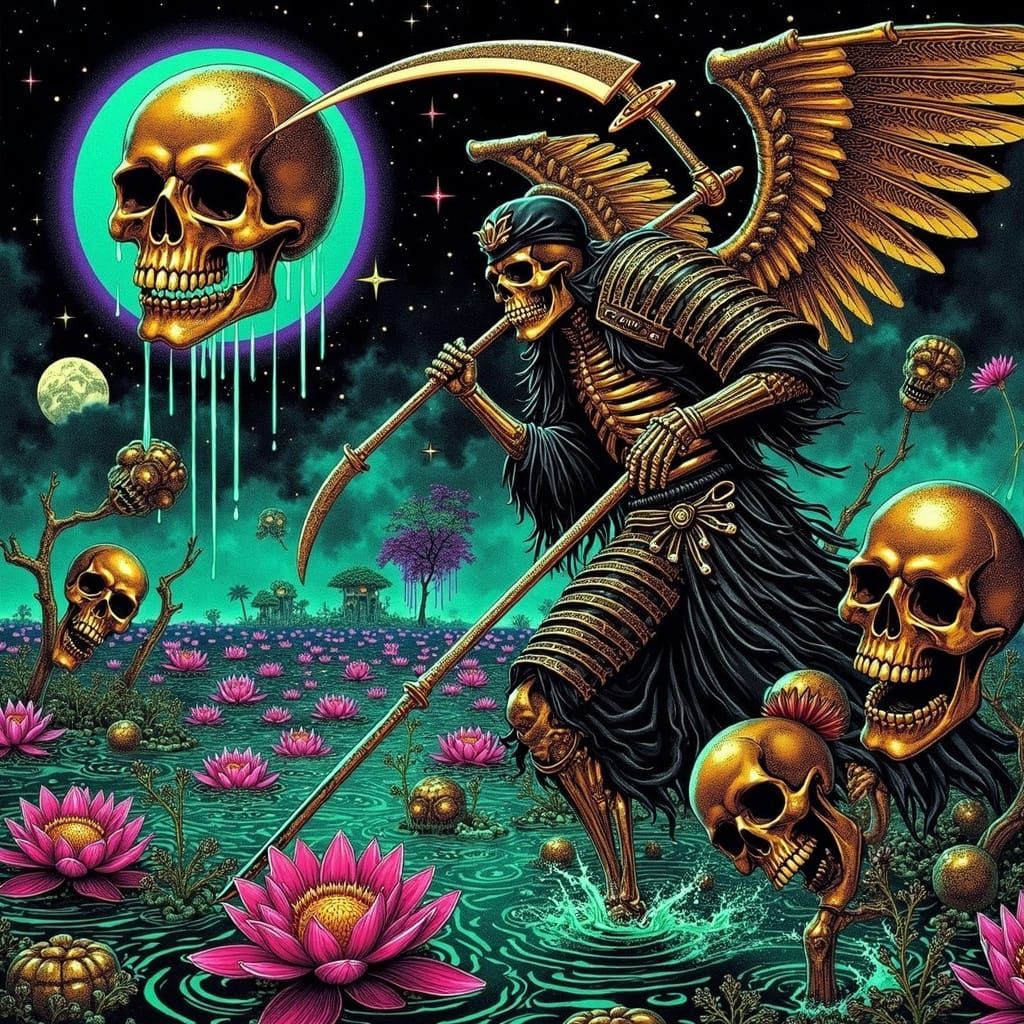 Gold-toned skeleton samurai, wielding a scythe, striding acr...