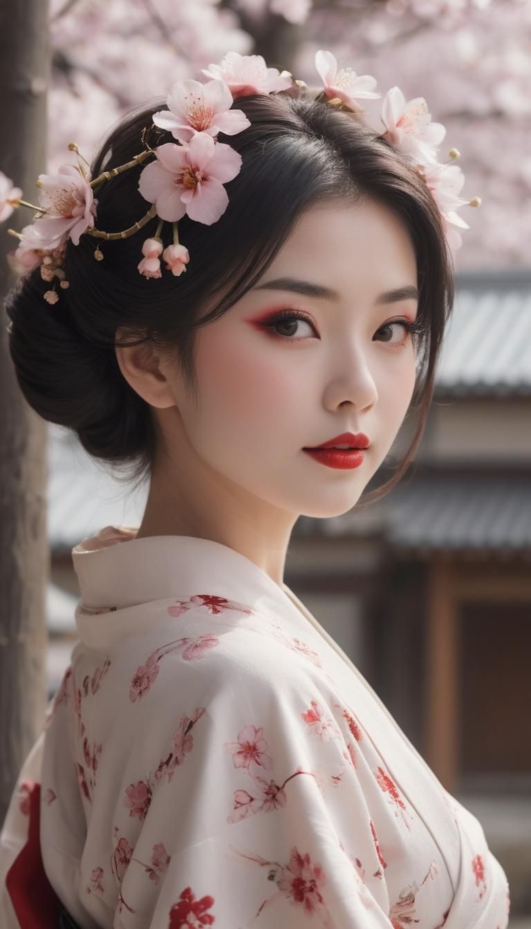 Elegant Geisha Portrait with Sakura Background