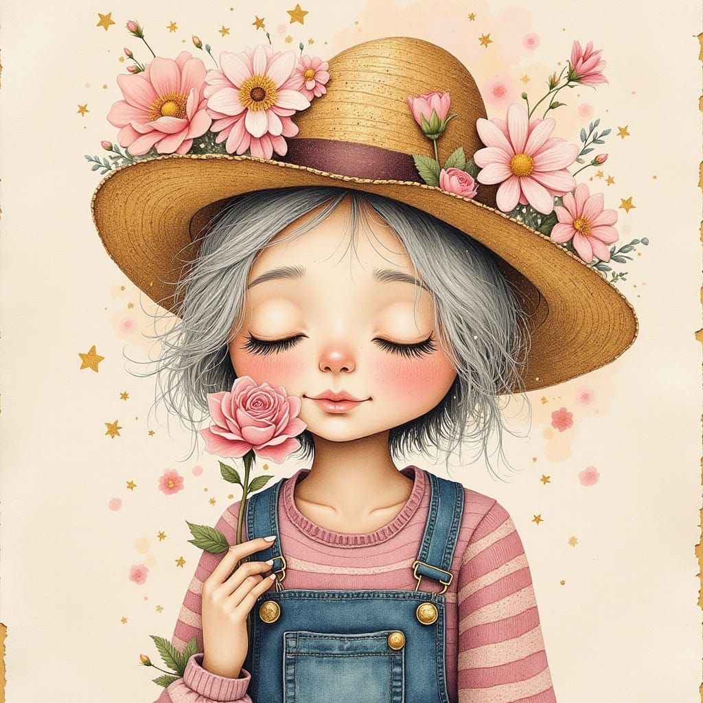 Warm Watercolor Portrait of a Happy Old Woman in a Straw Hat