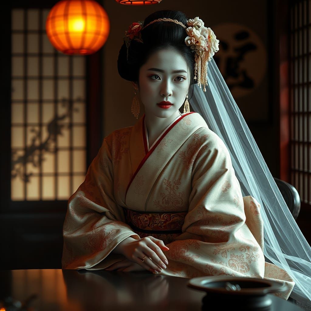 Geisha in Kimono: Abstract Painting with Gold Etchings