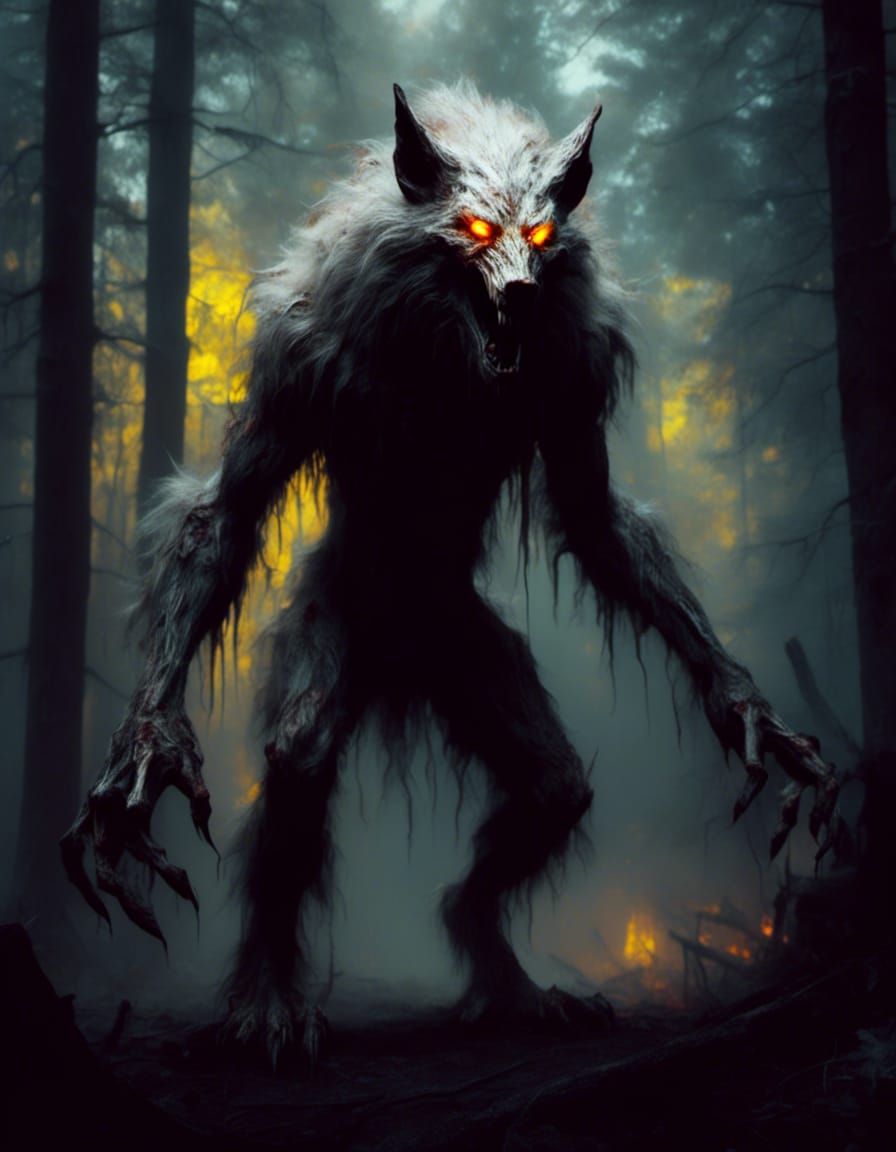Creepy Albino Werewolf Howling in Dark Forest