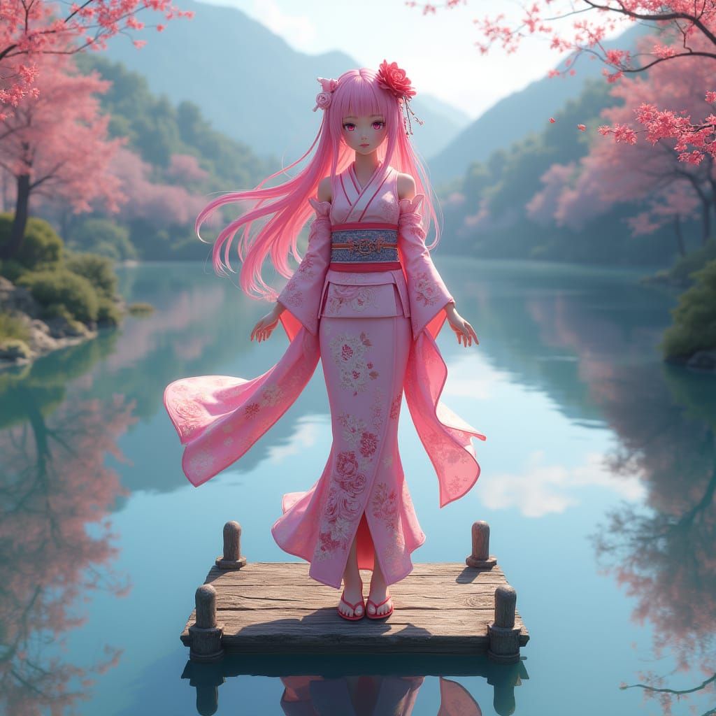 Pink-Haired Girl in Kimono Reflected in Lake: 3D Anime Art