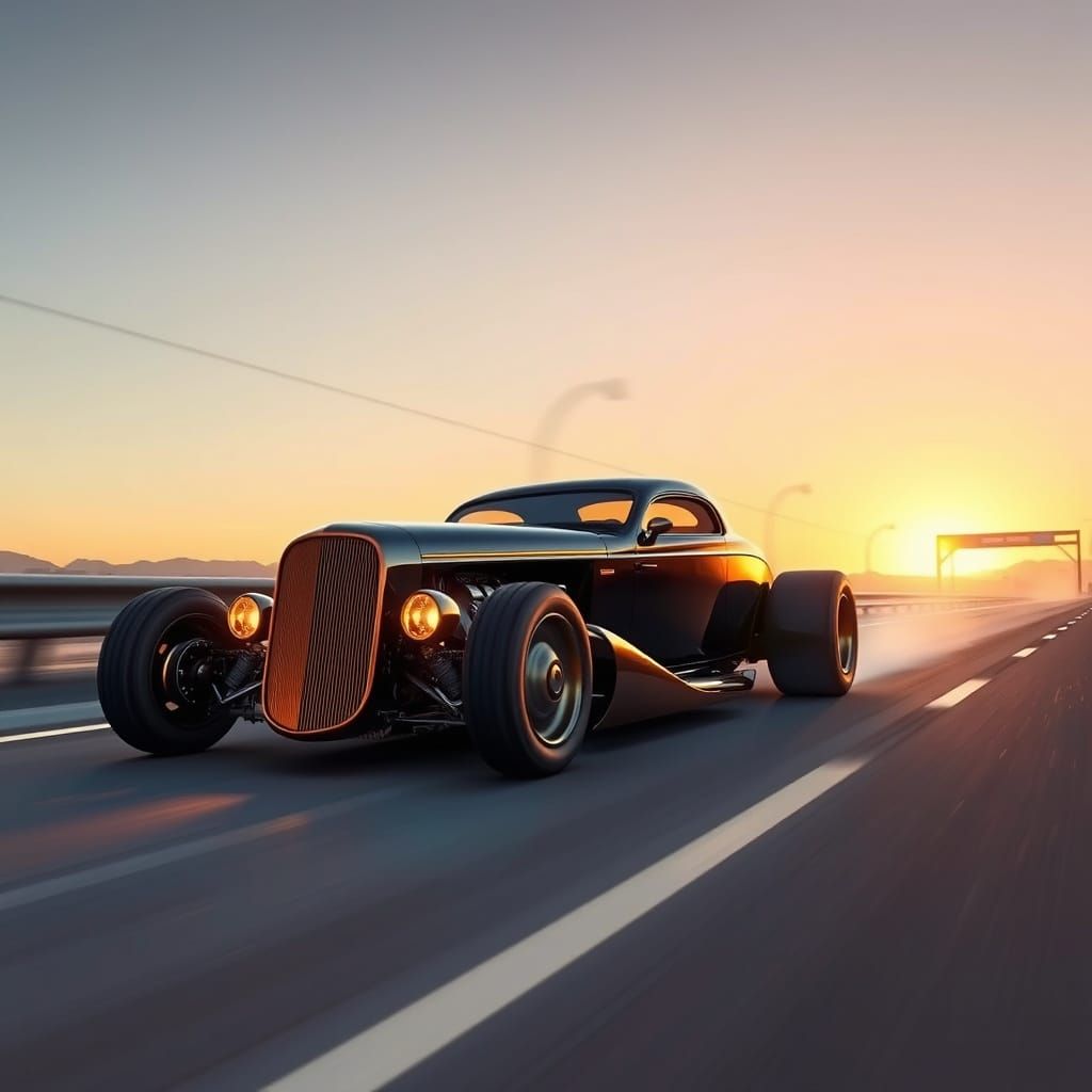 Futuristic Black and Gold Hot Rod at Sunset