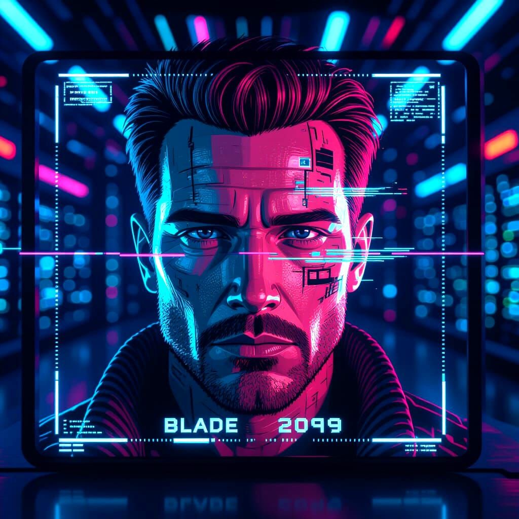 Glitching Face on Viewscreen with Cyberpunk Computer Banks