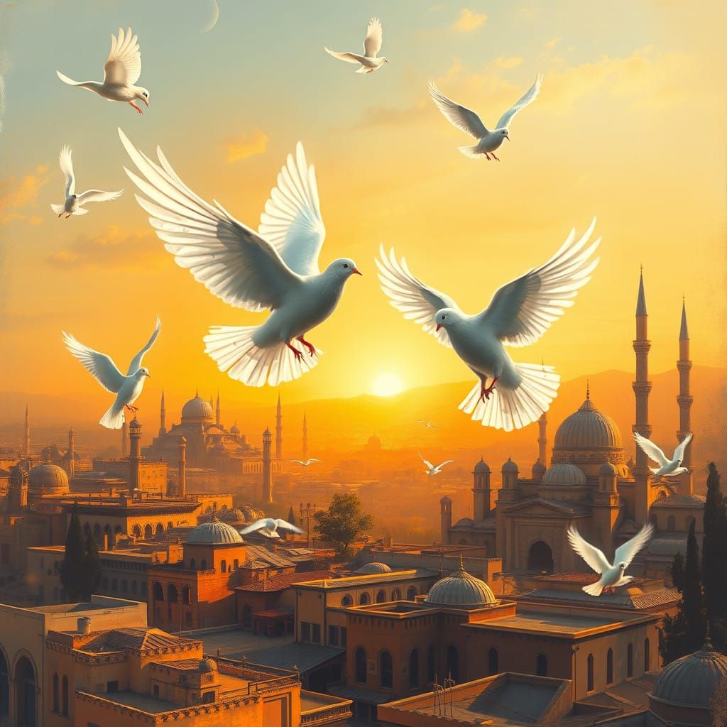 Doves of Sunrise Over Ancient Damascus