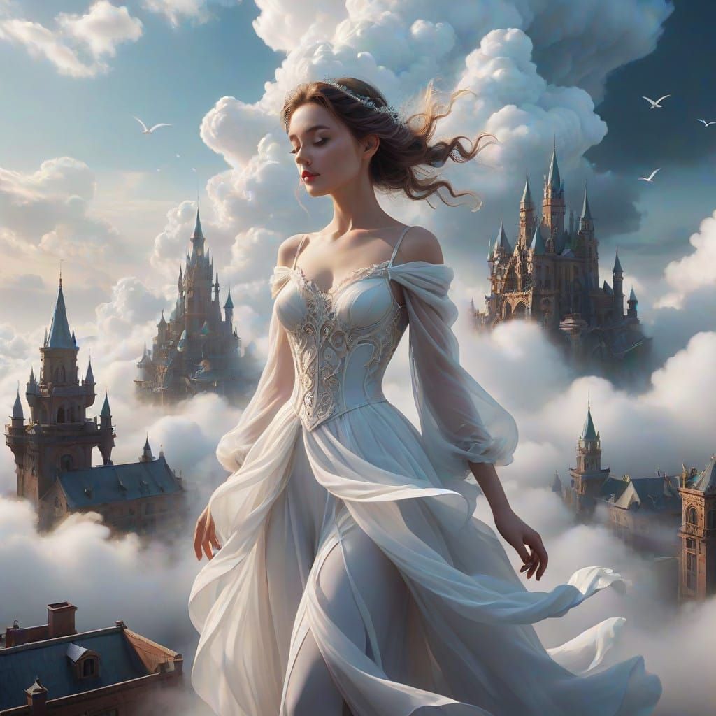Surreal White Cloud Cityscape with Majestic Air Elemental Wo...