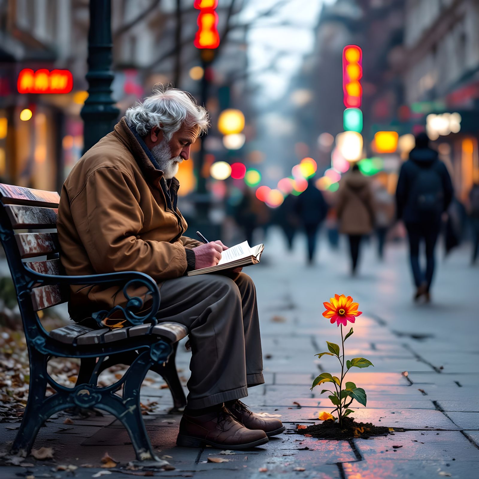 City Sketch: Man, Flower, and Urban Life
