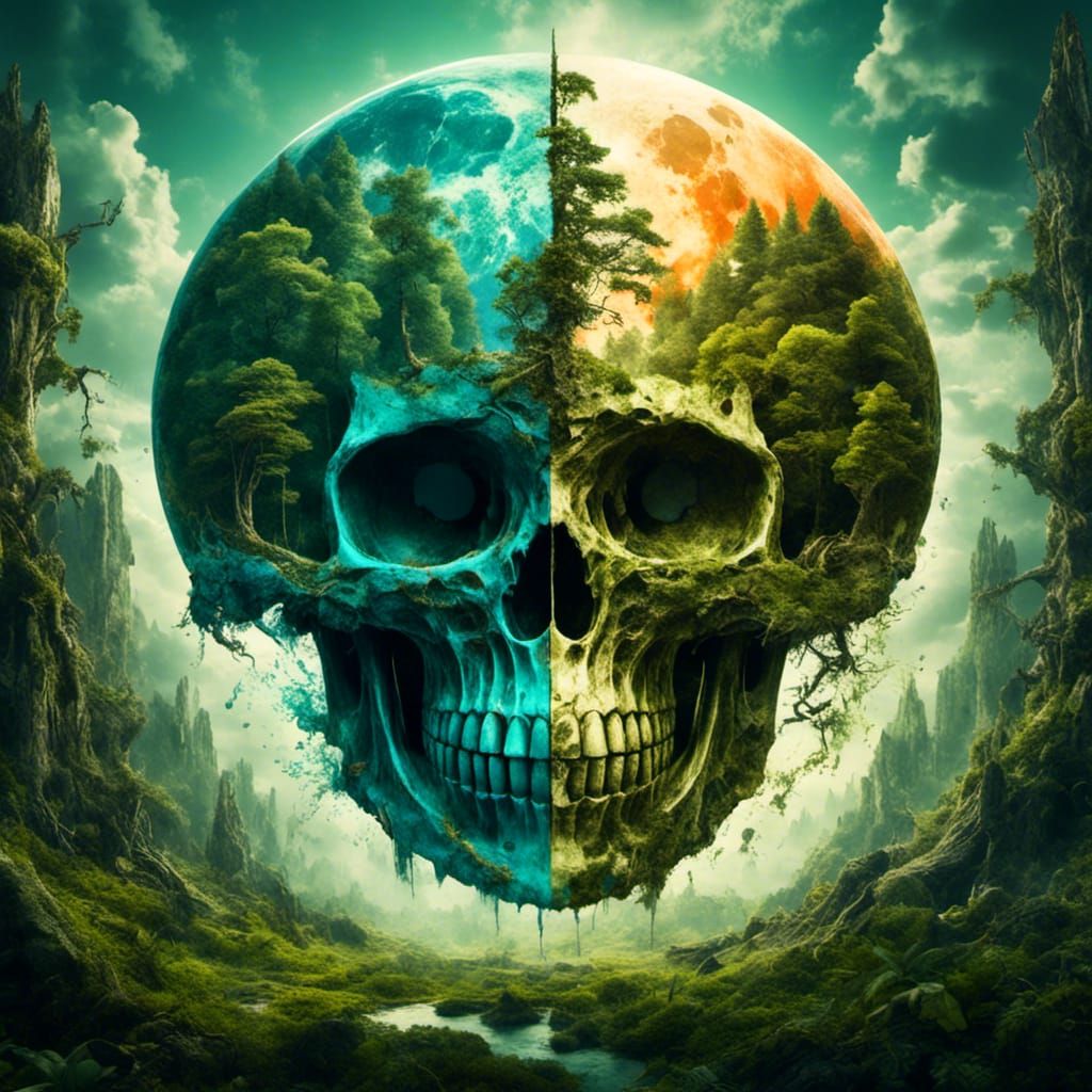 Yin Yang Skull Moon: A Macabre Hyperreal Illustration