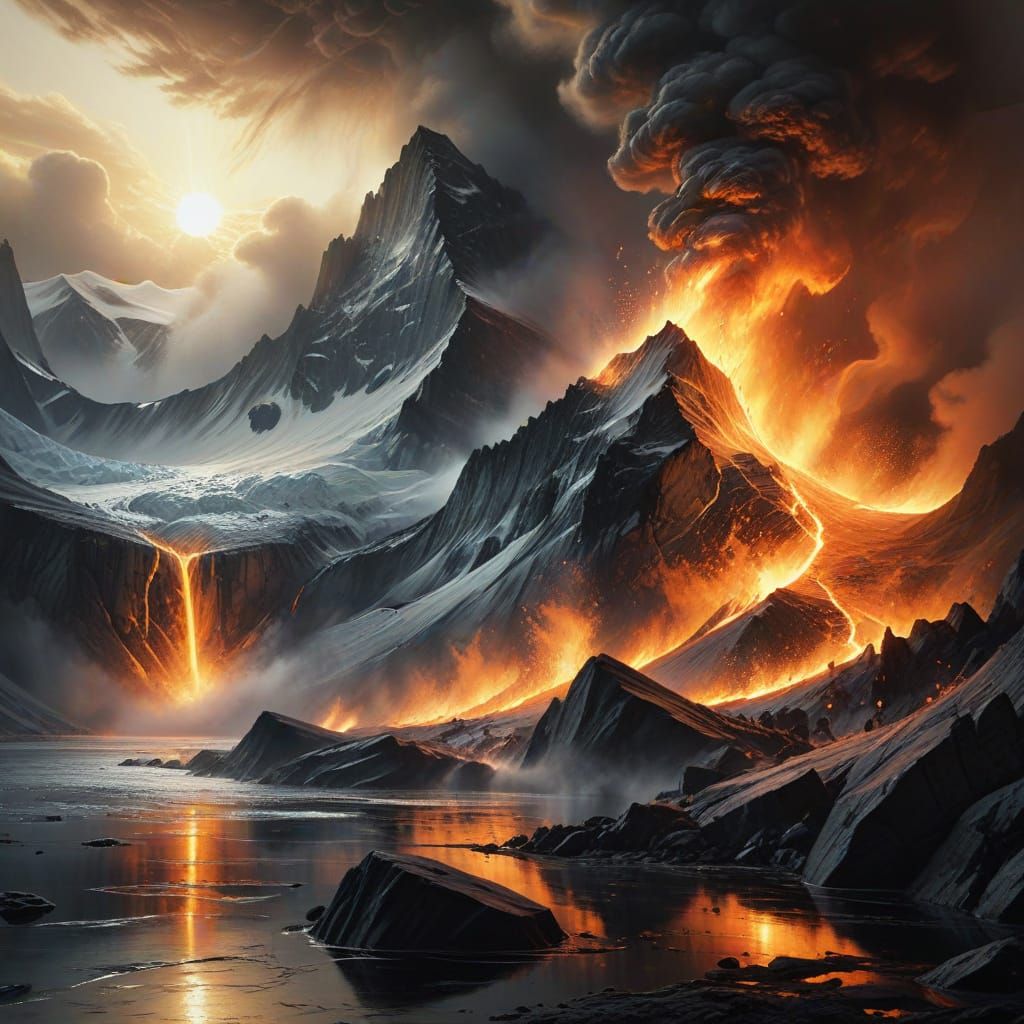 Fiery Lake: Glacier Calving in Charcoal