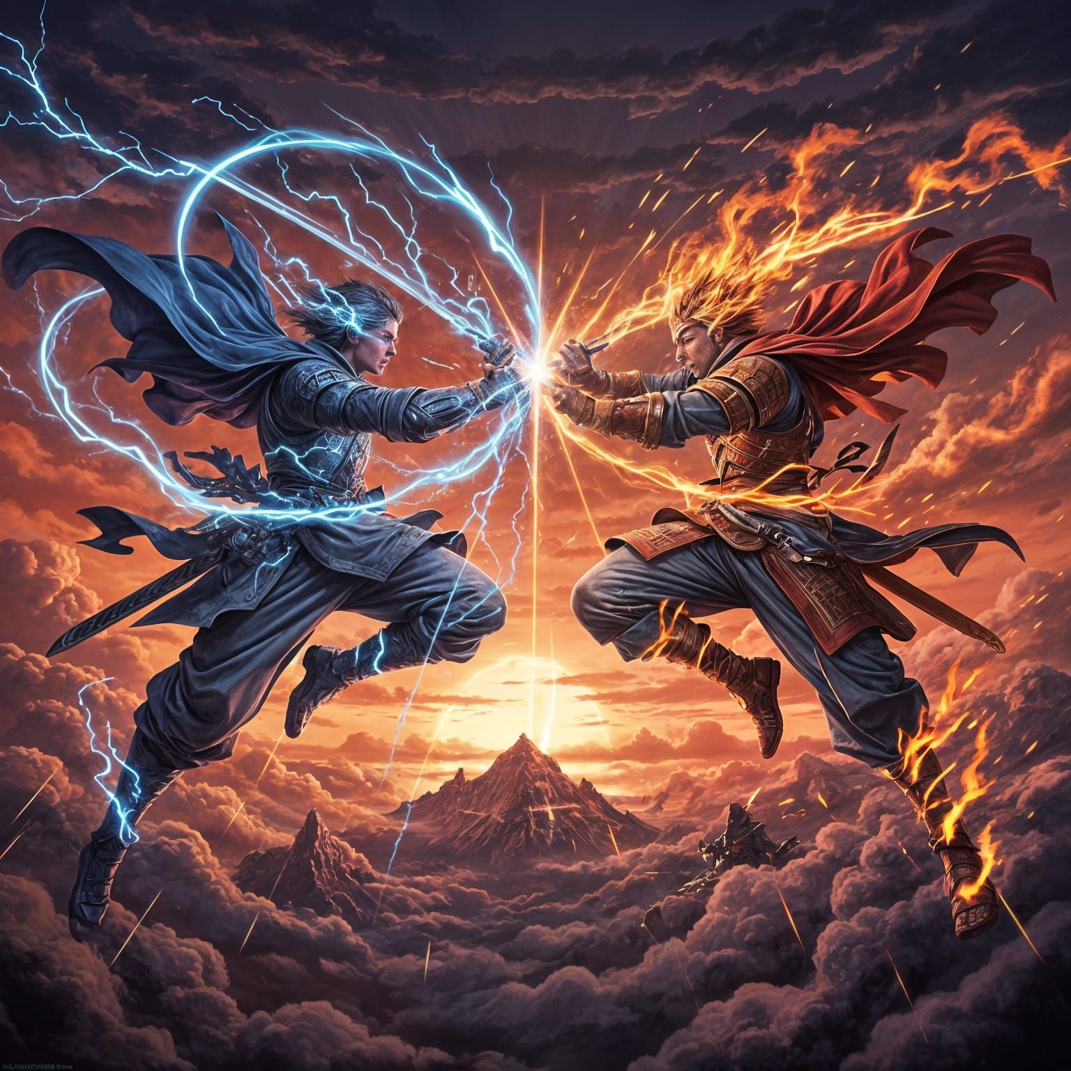 Rival Swordsmen Clash Midair with Lightning and Fire