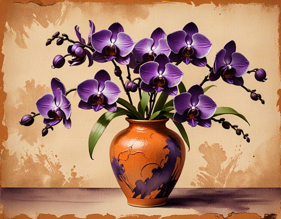Vibrant Chinese Ink Painting of Purple Orchids in a Twisted ...