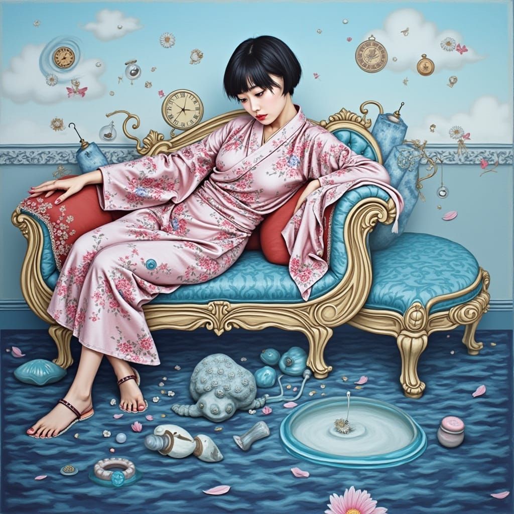 Japanese Woman in Surreal Boudoir, Dreamlike Image