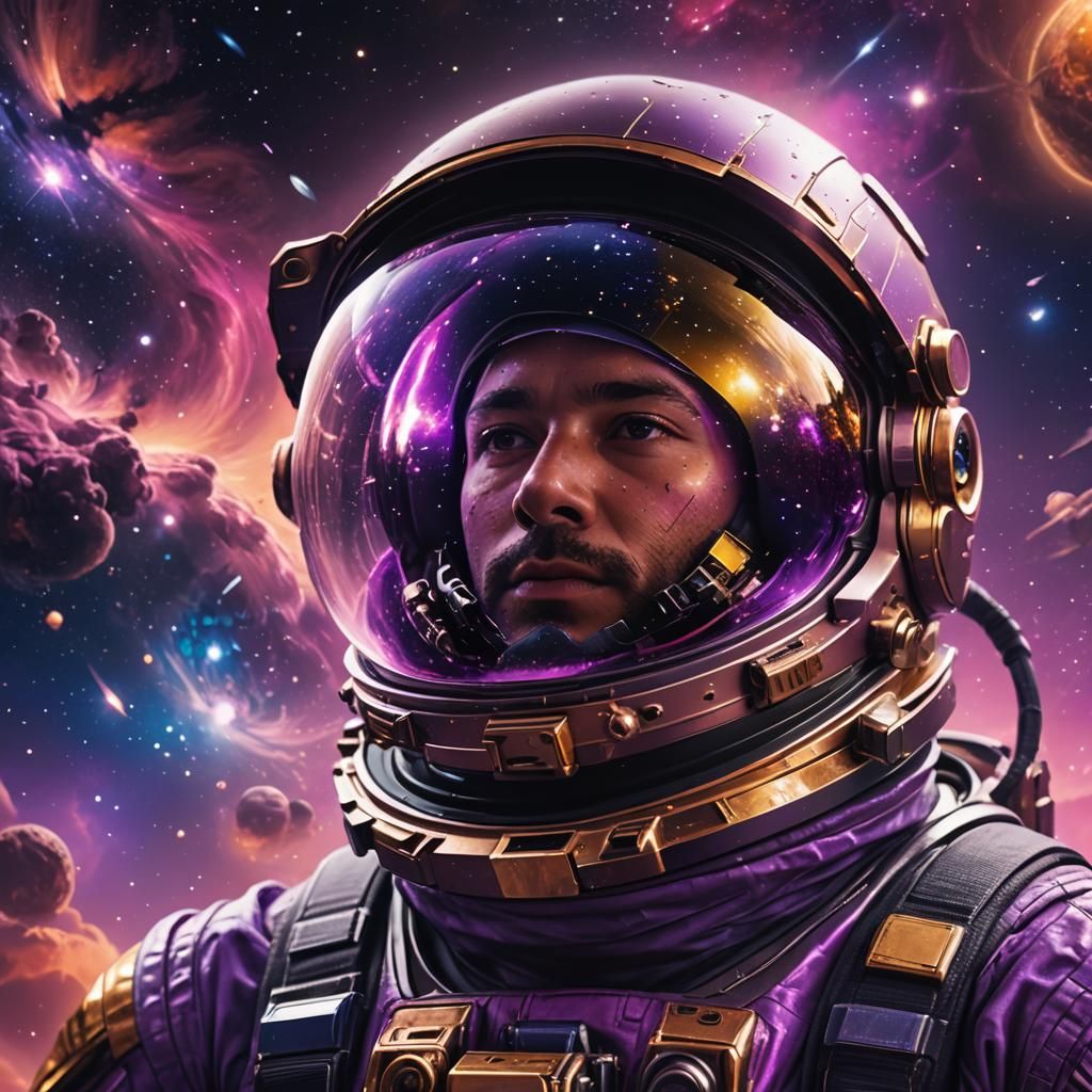 Astronaut in Deep Space Reflecting Galaxy