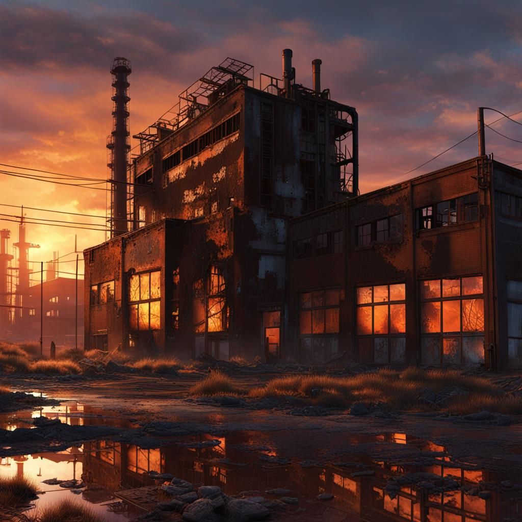 Burnt Factory at Sunset: Photorealistic Industrial Landscape