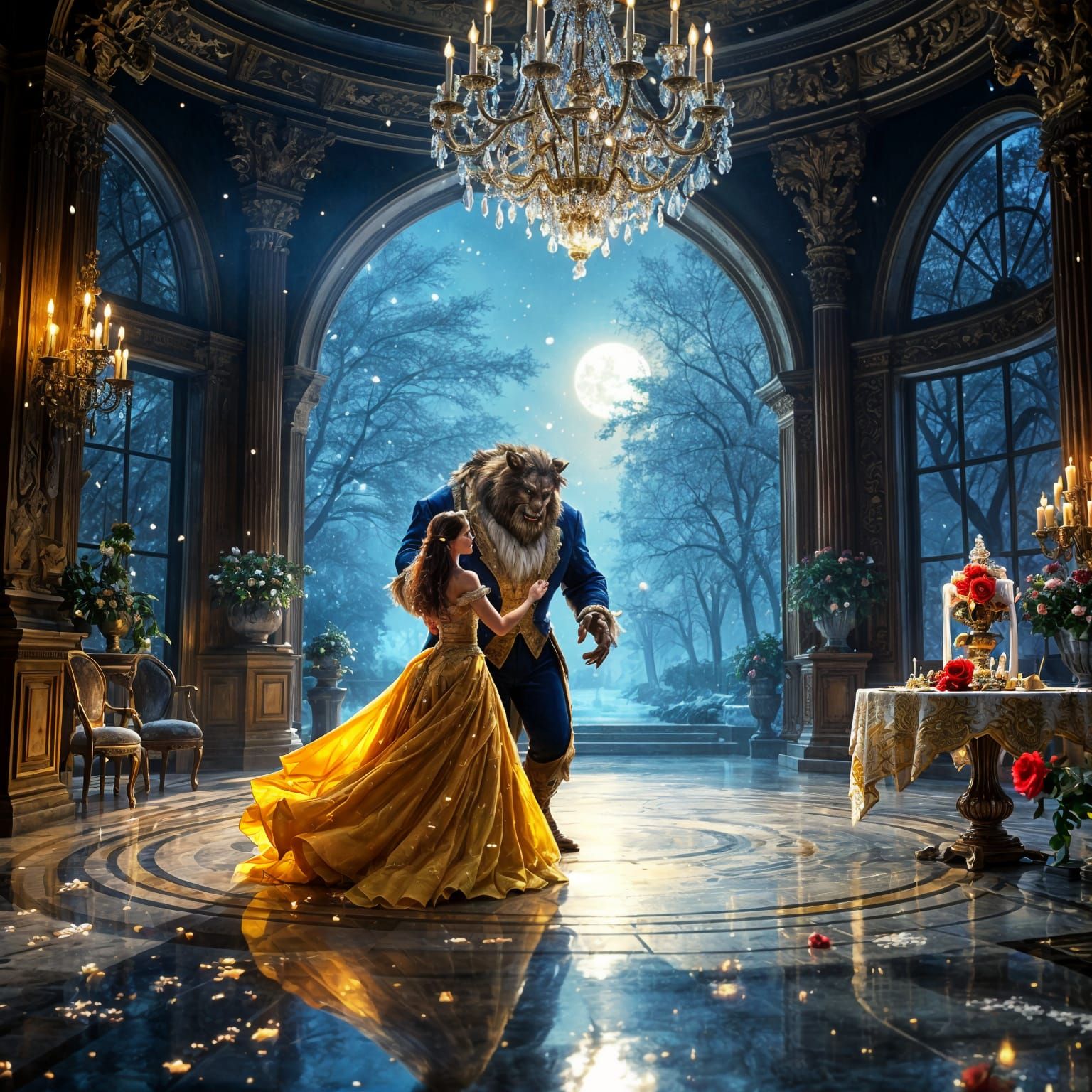 Beauty and the Beast Ballroom Scene in a Grand, Enchanted Ae...