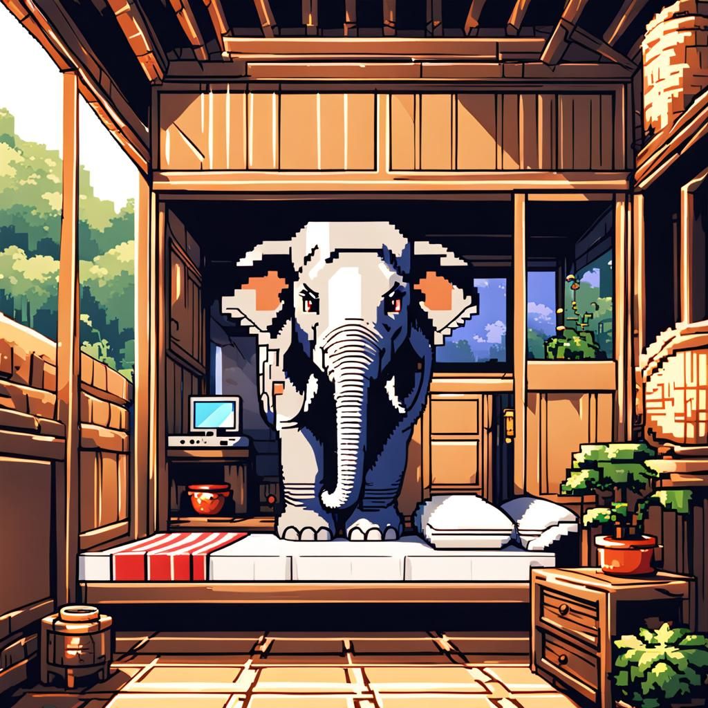 8-bit Pixel Bedroom with Elephant Trunk