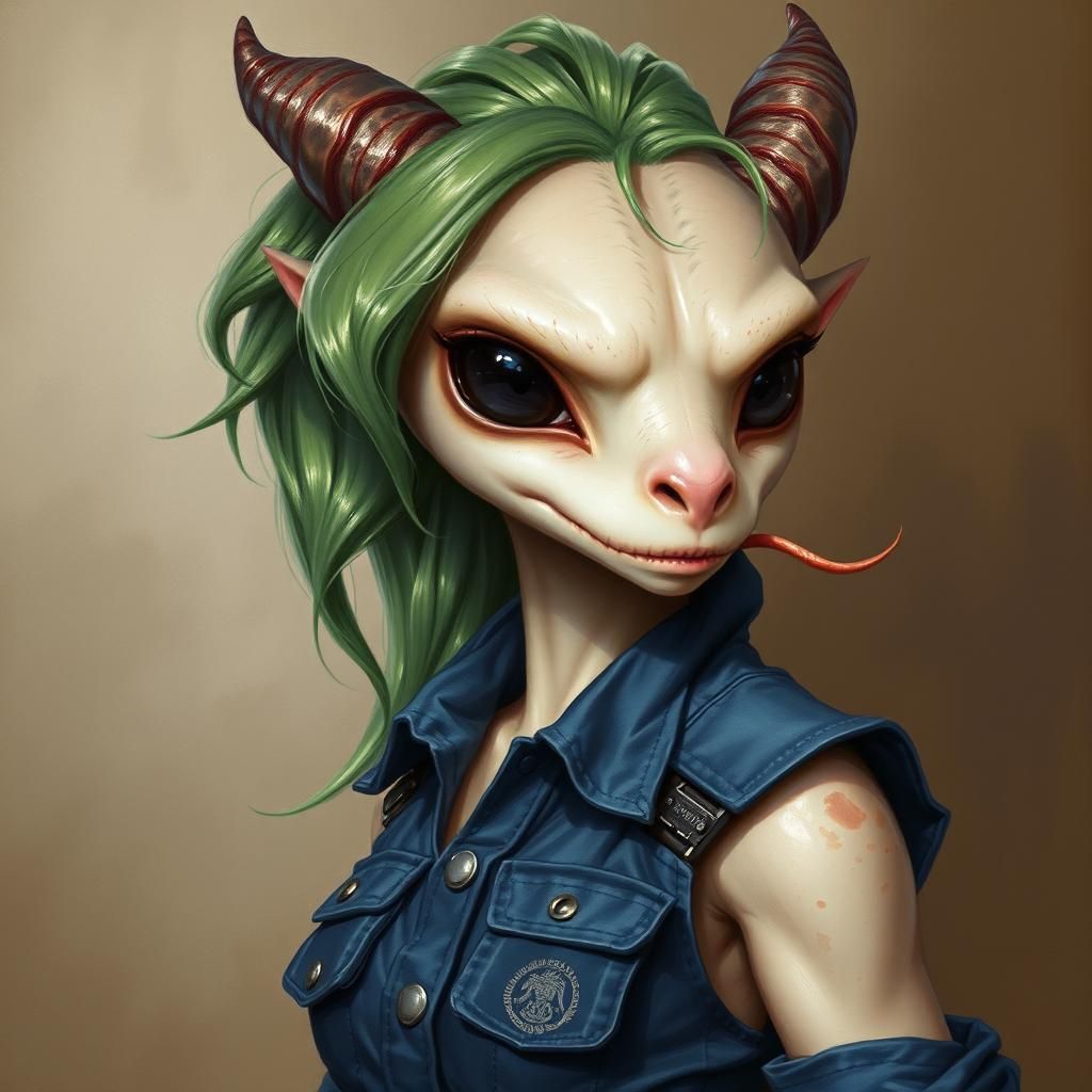 This mistrustful female dragonling has large black eyes that...