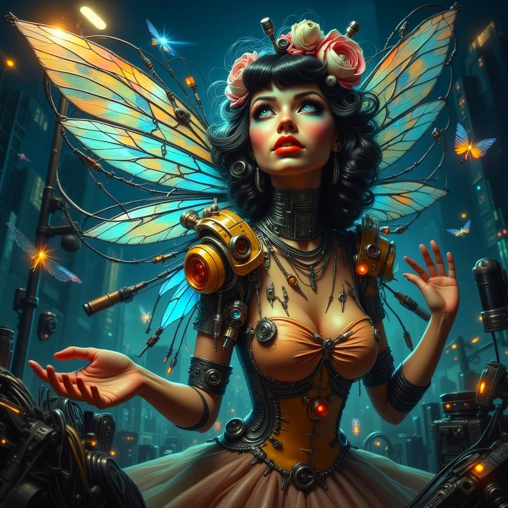 Cyborg Fairy Dances Under Flickering Streetlamp in Cyberpunk...