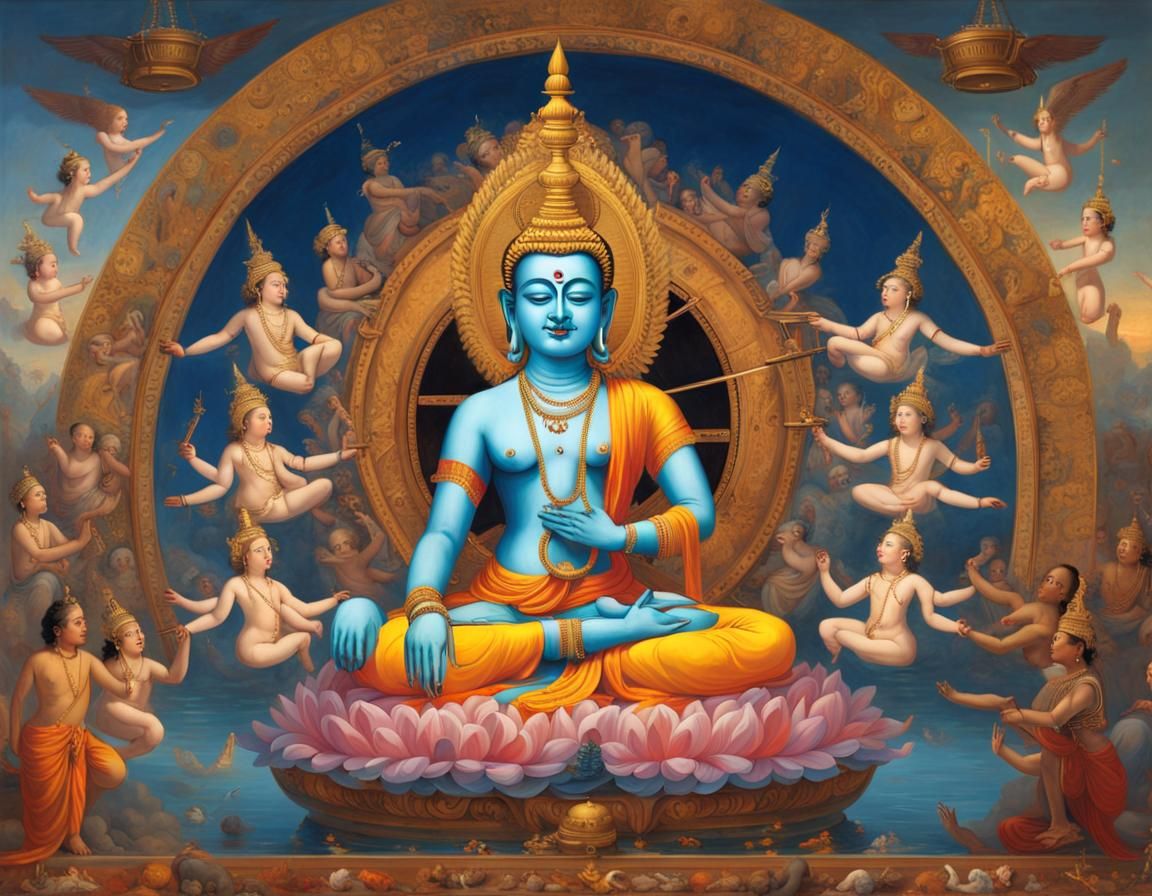 Rainbow Buddha with Skeletons in Hindu Art Style