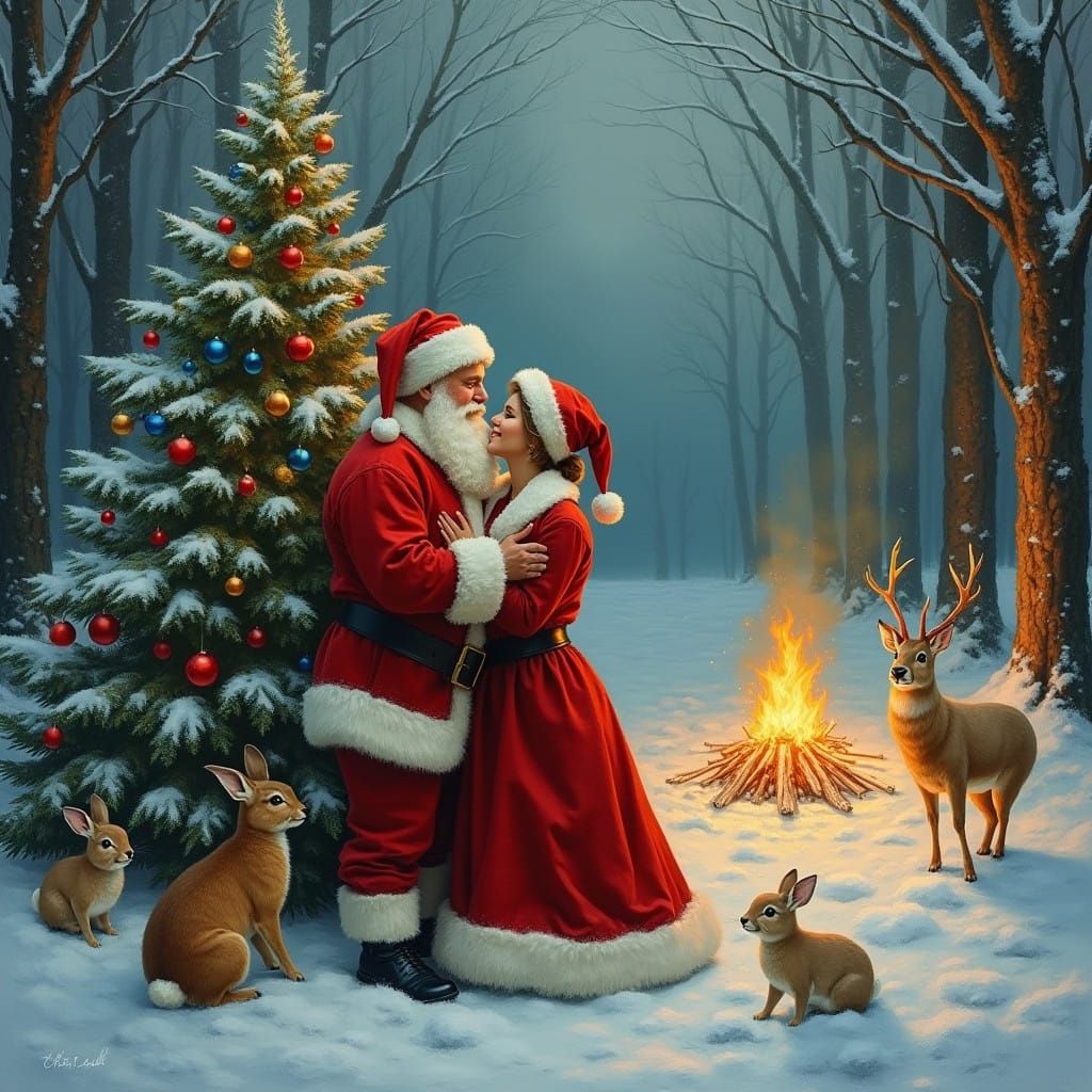 Tender Winter Embrace in Snowy Woodland Wonderland