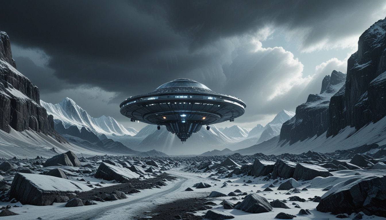 Epic UFO Amidst Glacial Landscape in Photorealistic Style