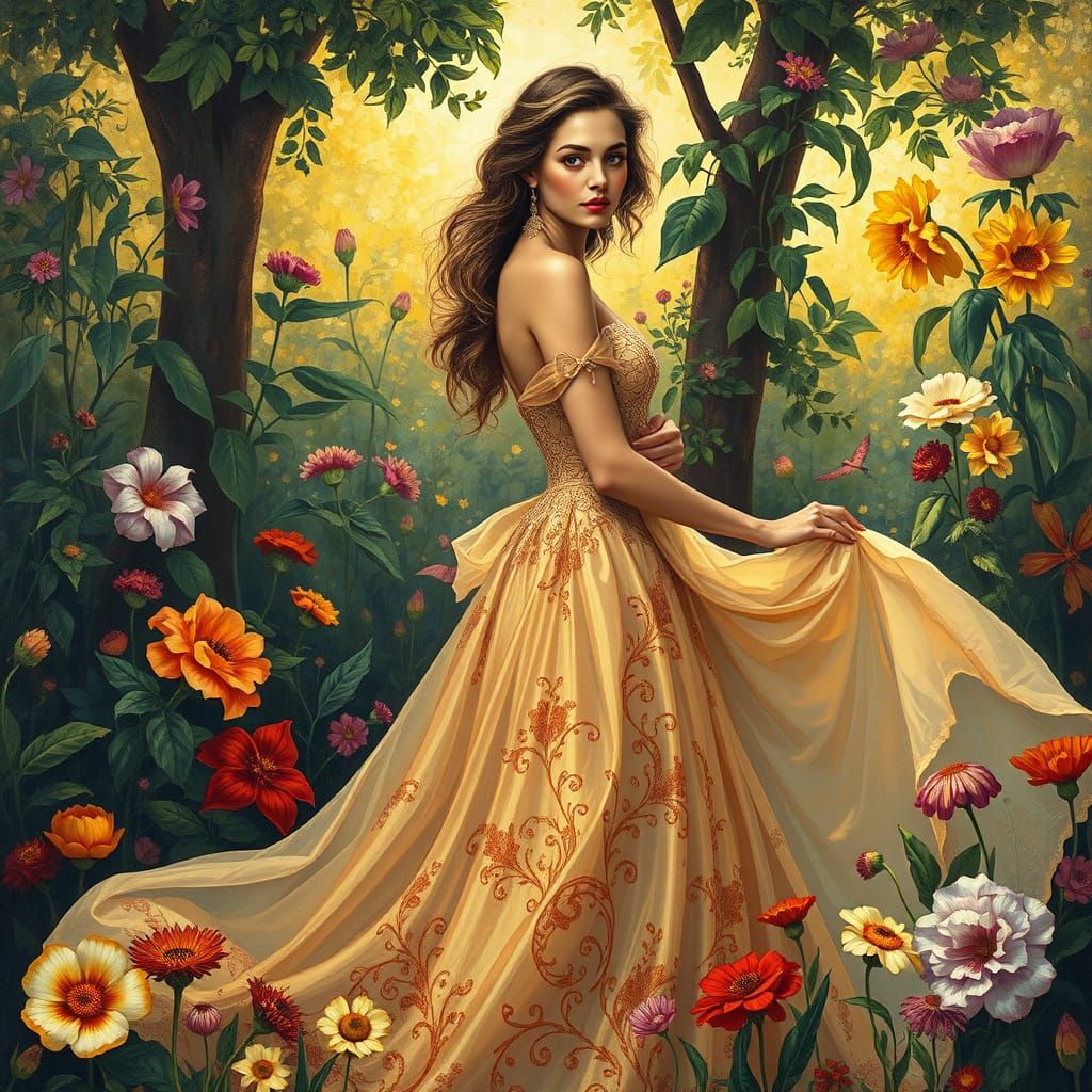 Woman in Lavish Gown Amidst Vibrant Blooms in Impressionist ...