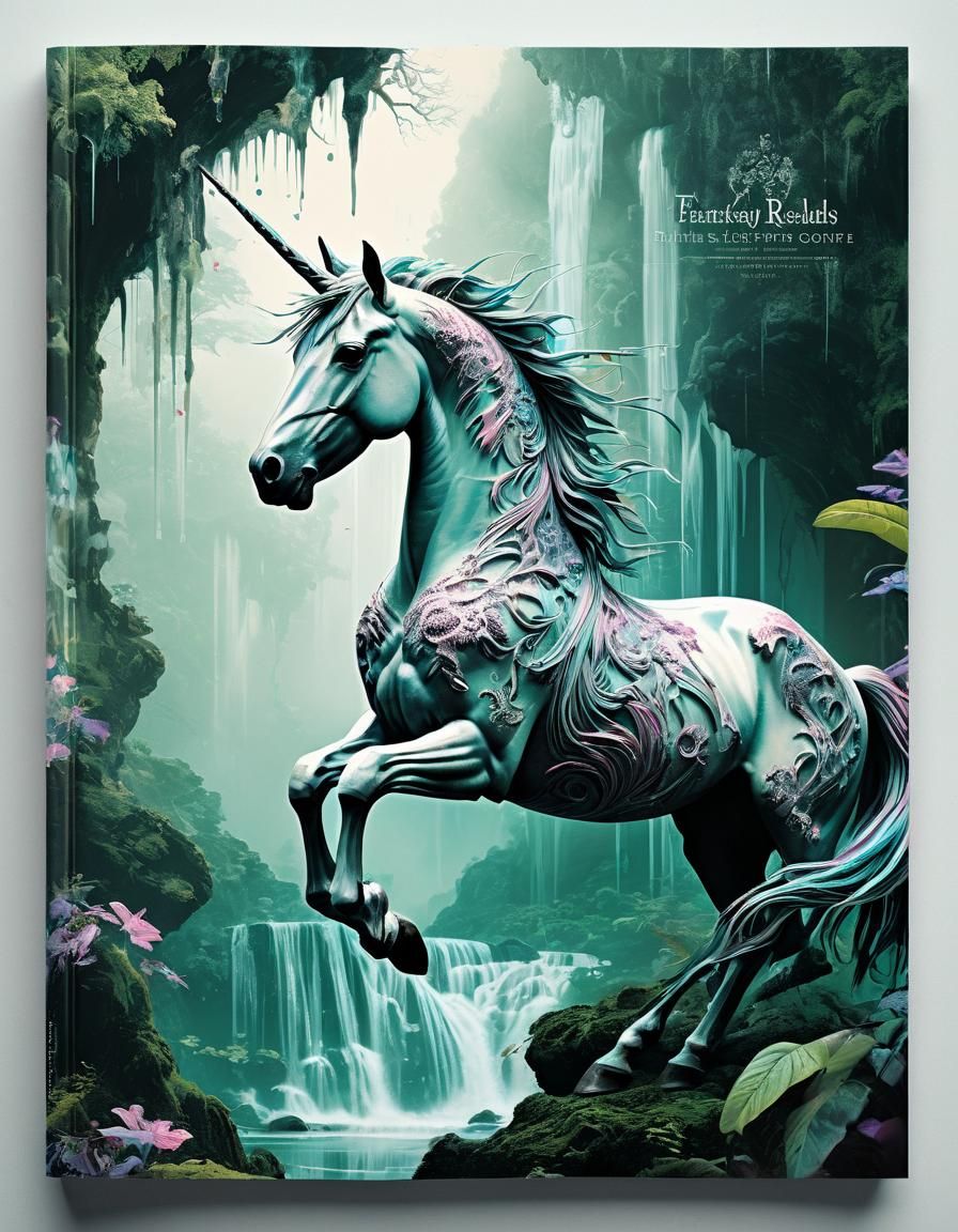 Fantasy Realms Magazine Cover with Unicorn in Filigree Fract...