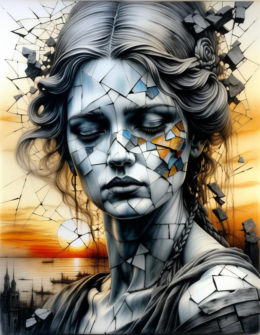 Shattered Porcelain Face with Mixed Media Elements