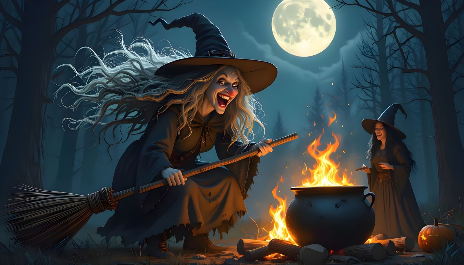 Witch Flying Over Campfire in Hyperrealistic Style