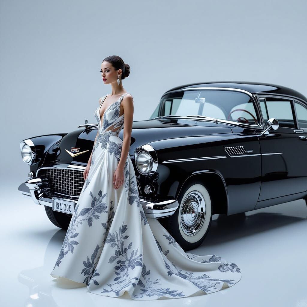 Haute Couture Fashion Editorial with Vintage Car