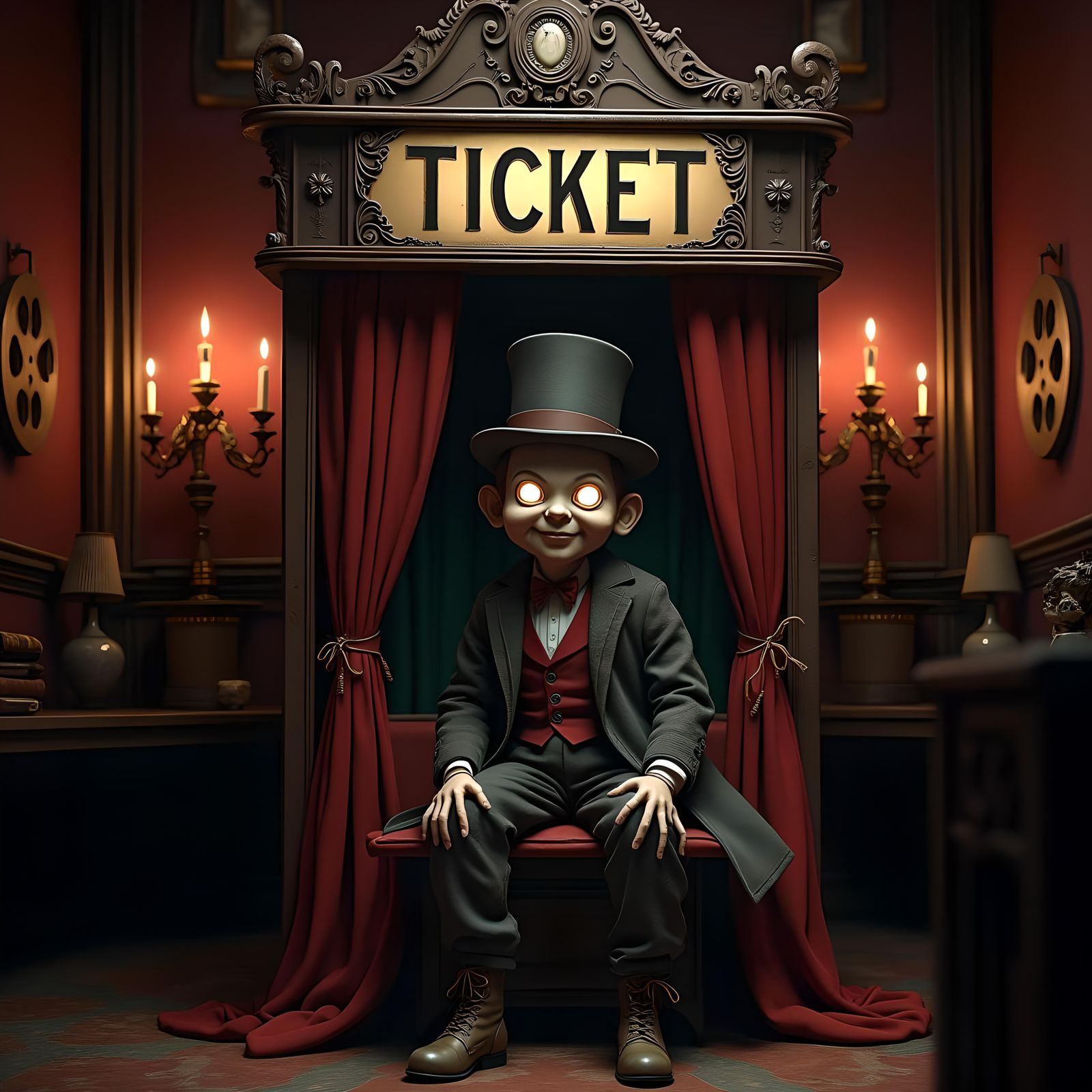 Ghoulish Ventriloquist Doll in Haunted Ticket Booth