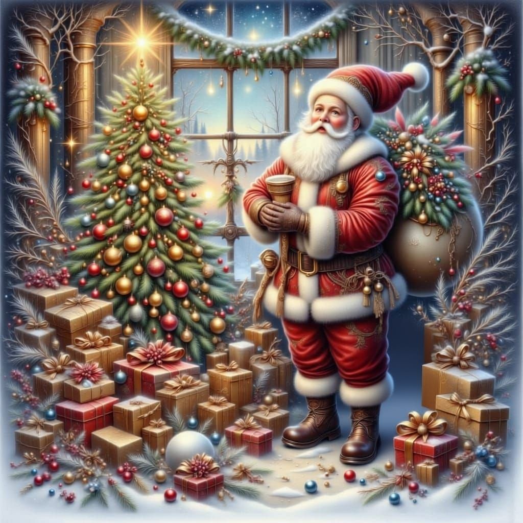 Santa Claus with Toy Bag in Snowy Winter Scene