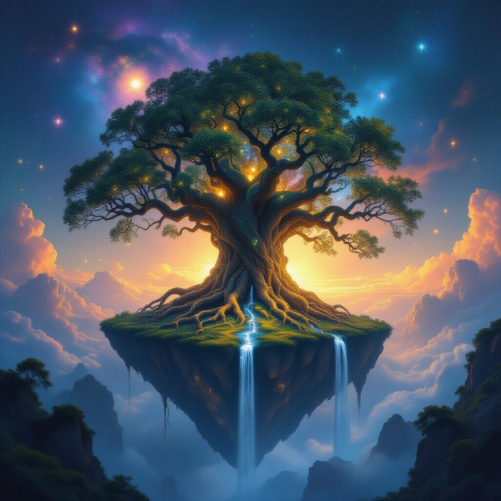Ancient Tree Anchors Floating Island in Nebula Sky
