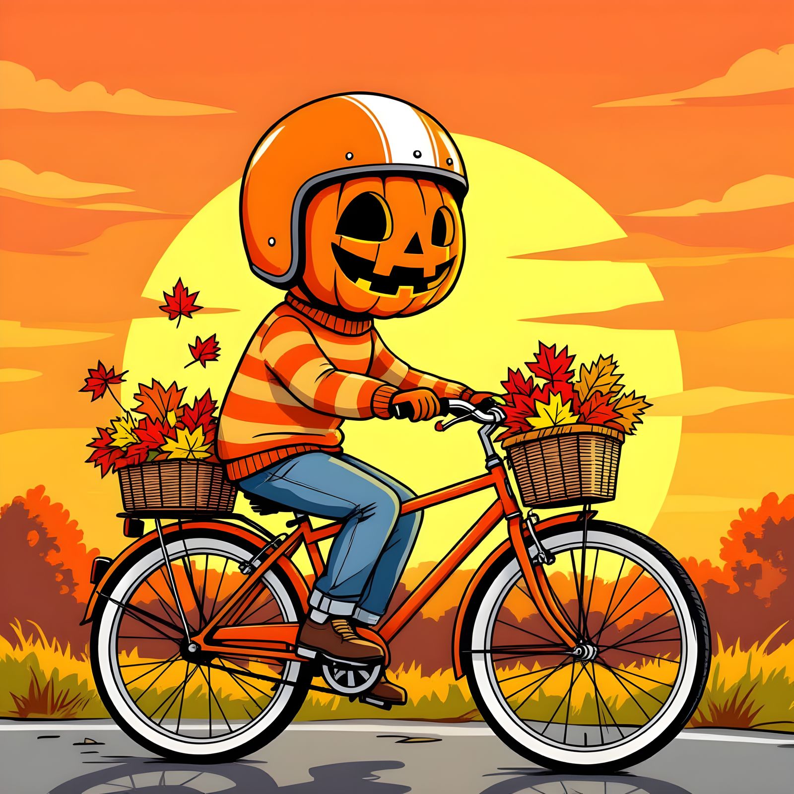 Nervous Pumpkin Head Rides Bike in Cartoon Style
