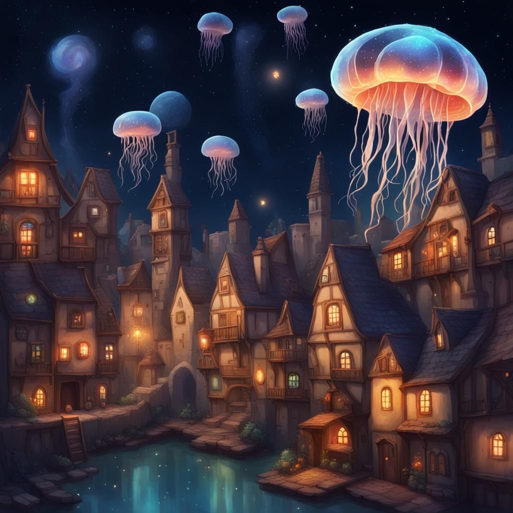 Medieval Town with Flying Jellyfish Under Starry Sky