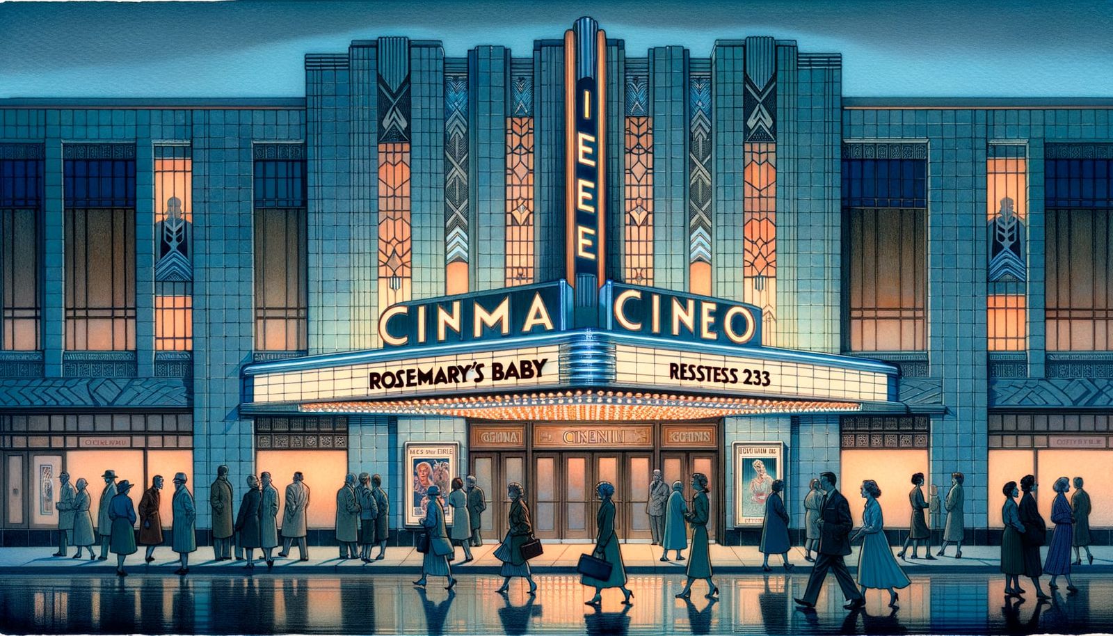 Art Deco Cinema at Dusk: A Vintage Illustration