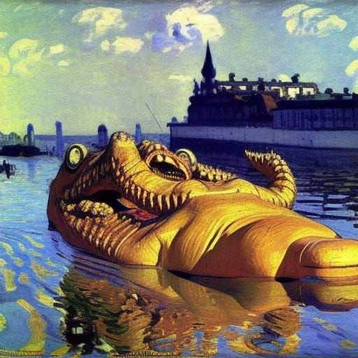 Hyperrealistic Crocodile Basking Under Blue Skies